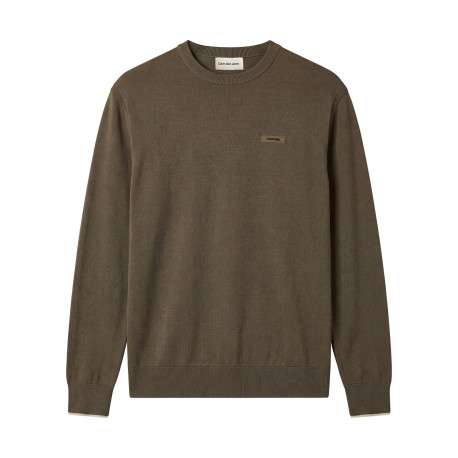 Pull olive uni à coupe droite doté d'un col rond et de manches longues