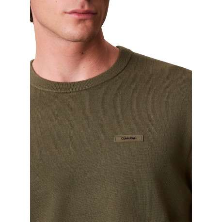Pull olive uni à coupe droite doté d'un col rond et de manches longues - Image 5
