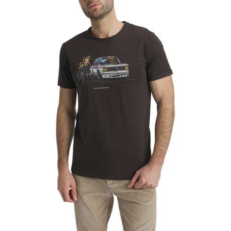 T-shirt en coton chocolat avec un imprimé de voiture et une moto