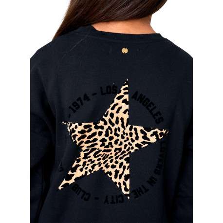 Sweat manches longues noir uni avec un imprimé animalier et une coupe droite - Image 4