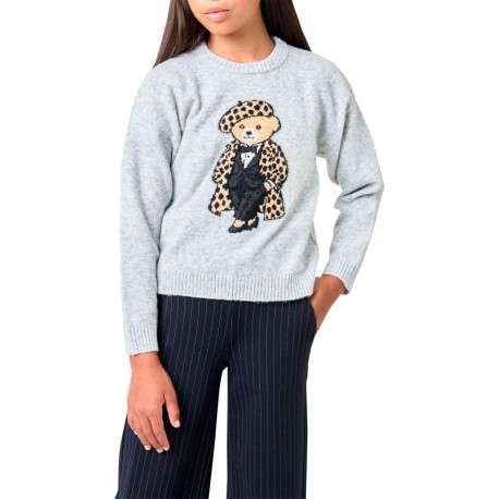 Pull gris clair en maille fine avec un ours imprimé et un col rond