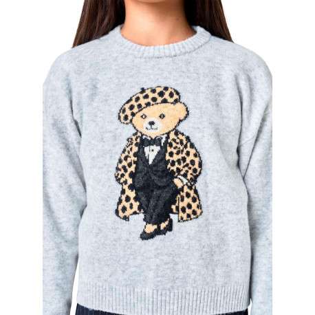Pull gris clair en maille fine avec un ours imprimé et un col rond - Image 4