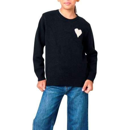 Pull noir uni en maille fine avec un cœur blanc imprimé et une coupe droite