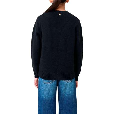 Pull noir uni en maille fine avec un cœur blanc imprimé et une coupe droite - Image 2