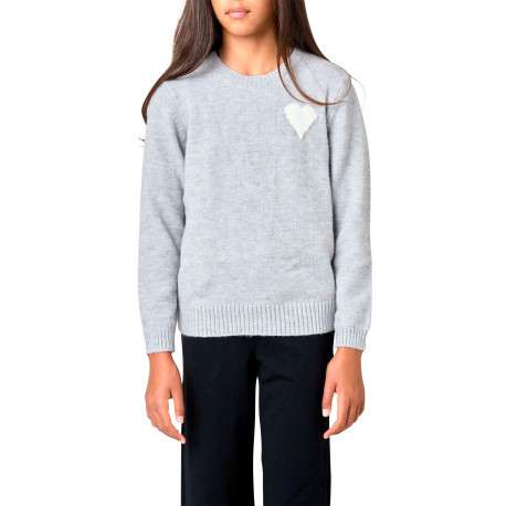 Pull gris clair uni en maille avec un cœur blanc imprimé et un col rond