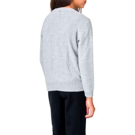 Pull gris clair uni en maille avec un cœur blanc imprimé et un col rond - Image 2