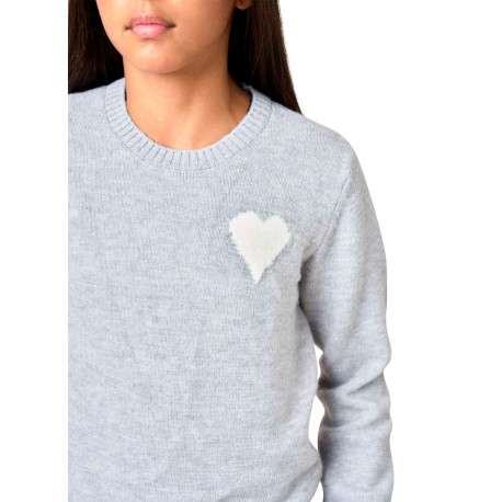 Pull gris clair uni en maille avec un cœur blanc imprimé et un col rond - Image 4