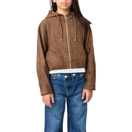 Blouson marron uni à coupe droite avec un col à capuche et 2 poches