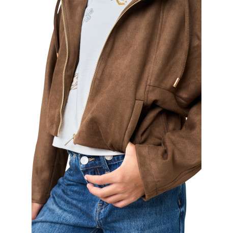 Blouson marron uni à coupe droite avec un col à capuche et 2 poches - Image 4