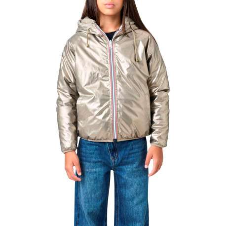 Blouson taupe uni réversible avec une coupe droite et un col à capuche