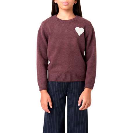 Pull chocolat uni en maille fine avec un cœur blanc imprimé et un col ras du cou