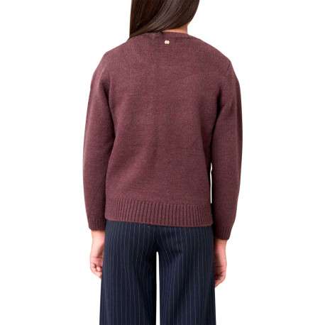 Pull chocolat uni en maille fine avec un cœur blanc imprimé et un col ras du cou - Image 2