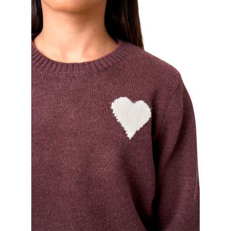 Pull chocolat uni en maille fine avec un cœur blanc imprimé et un col ras du cou - Image 4