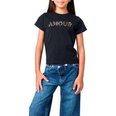 T-shirt manches courtes en coton noir à imprimé léopard avec un col rond