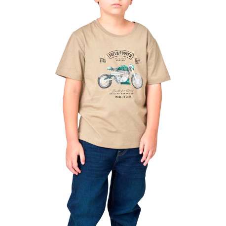 T-shirt en coton beige avec une moto imprimée et une coupe droite