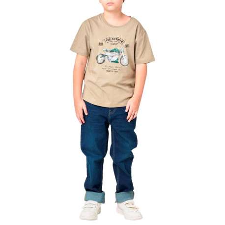 T-shirt en coton beige avec une moto imprimée et une coupe droite - Image 3
