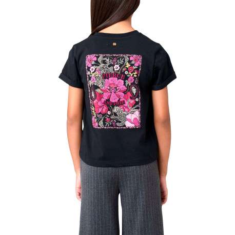 T-shirt en coton noir à imprimé floral muni d'une coupe droite - Image 2