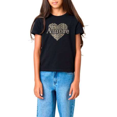 T-shirt en coton noir uni pourvu d'un cœur imprimé et d'un col rond