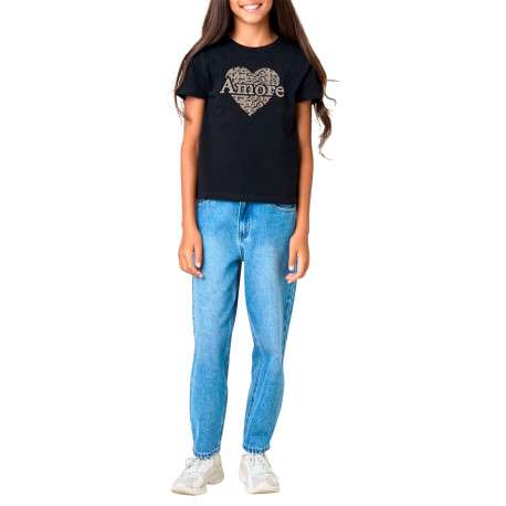 T-shirt en coton noir uni pourvu d'un cœur imprimé et d'un col rond - Image 3