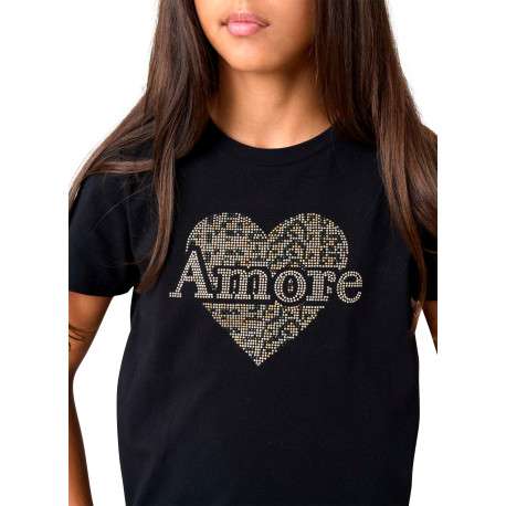 T-shirt en coton noir uni pourvu d'un cœur imprimé et d'un col rond - Image 4