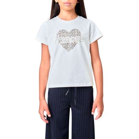 T-shirt en coton blanc uni avec un cœur imprimé et un col rond