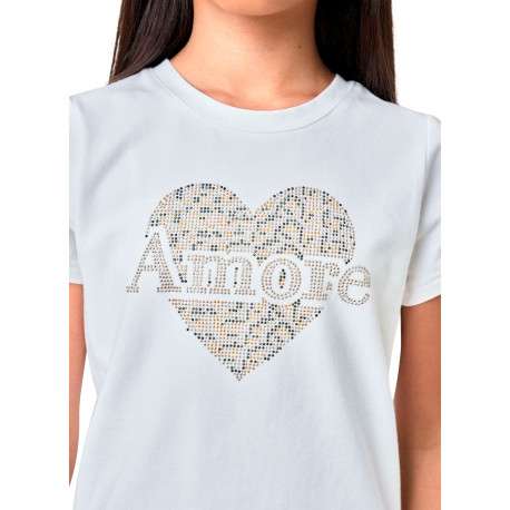 T-shirt en coton blanc uni avec un cœur imprimé et un col rond - Image 4