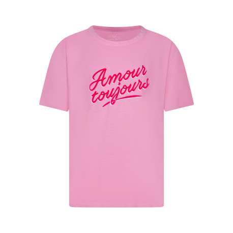 T-shirt en coton rose avec un imprimé muni d'un col rond et de manches courtes