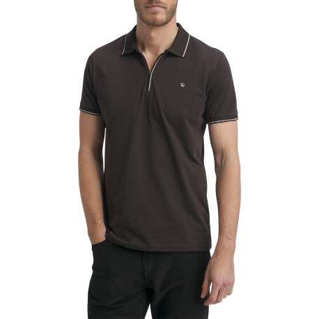 Polo en coton chocolat uni doté d'une coupe droite et d'un col zippé