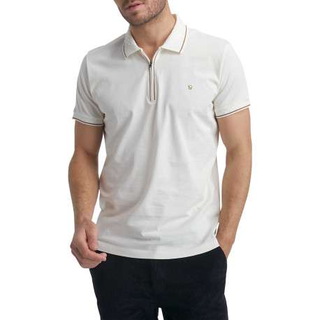 Polo en coton écru uni à coupe droite avec un col zippé et des manches courtes