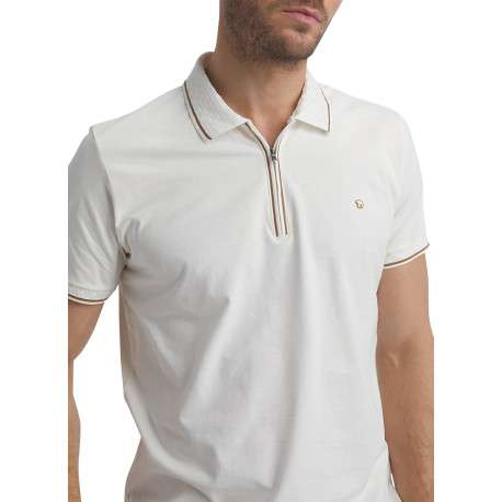Polo en coton écru uni à coupe droite avec un col zippé et des manches courtes - Image 4