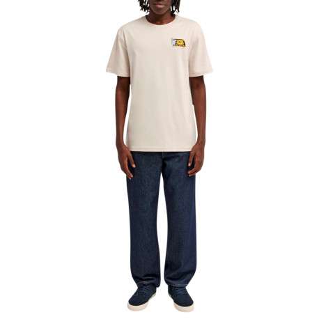 T-shirt en coton biologique beige imprimé à coupe droite pourvu d'un col rond - Image 5