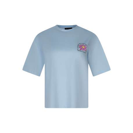 T-shirt bleu ciel en coton avec un imprimé floral sur la poitrine et dans le dos