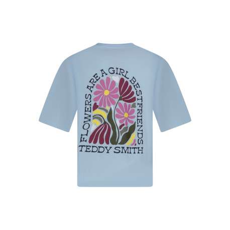 T-shirt bleu ciel en coton avec un imprimé floral sur la poitrine et dans le dos - Image 2