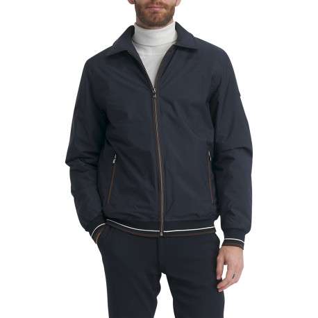 Blouson en nylon bleu nuit uni muni d'une coupe droite et d'un col à revers
