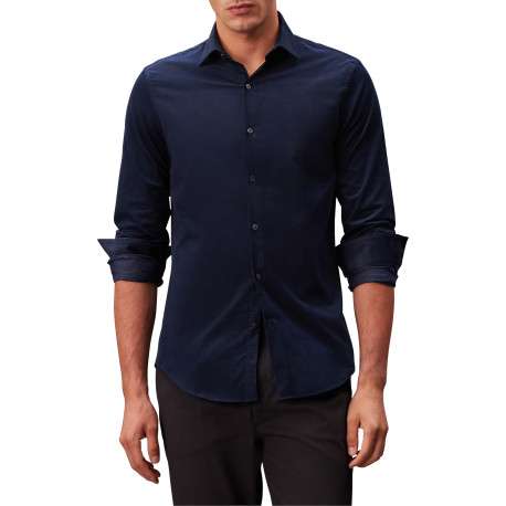 Chemise en coton bleu marine unie en velours à coupe slim avec un col à revers - Image 2