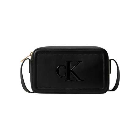 Sac à main noir orné d'un logo embossé et d'une fermeture zippée dorée