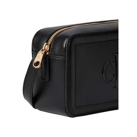 Sac à main noir orné d'un logo embossé et d'une fermeture zippée dorée - Image 3