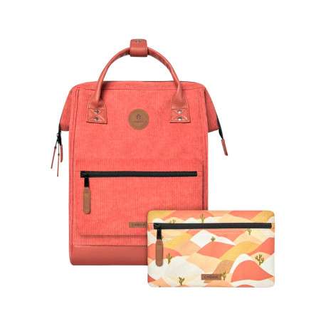 Sac à dos brique uni en velours côtelé et petite pochette zippée avec montagnes