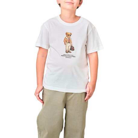 T-shirt en coton écru avec un ours imprimé et une coupe droite