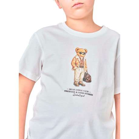 T-shirt en coton écru avec un ours imprimé et une coupe droite - Image 4