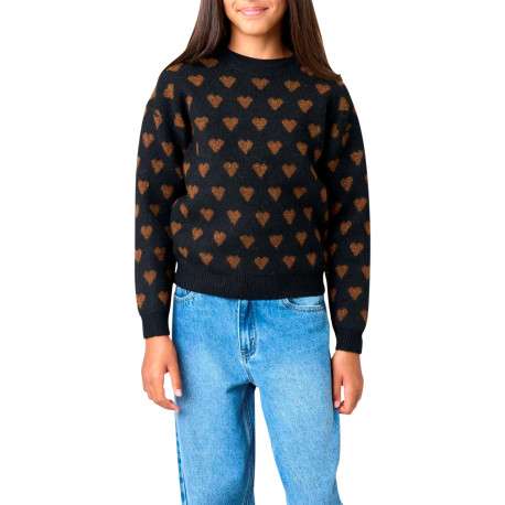 Pull manches longues noir avec des cœurs camel imprimés et une coupe droite