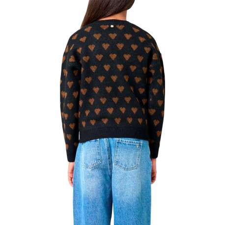 Pull manches longues noir avec des cœurs camel imprimés et une coupe droite - Image 2