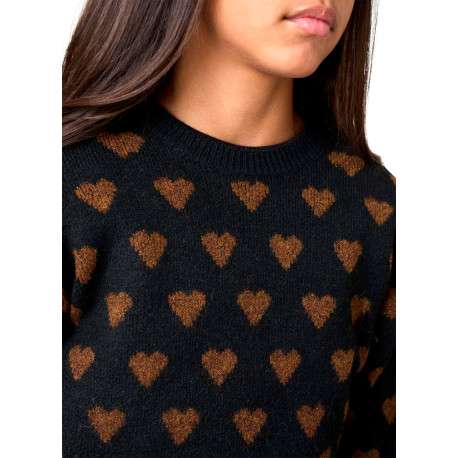 Pull manches longues noir avec des cœurs camel imprimés et une coupe droite - Image 4