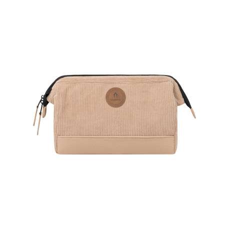 Trousse beige en velours côtelé pourvue d'une fermeture zippée