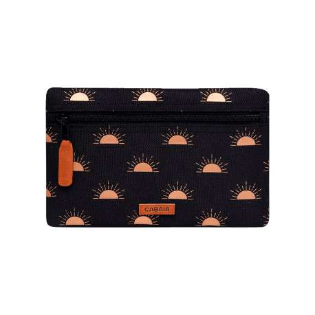 Pochette noire ornée d'un motif soleil avec une fermeture zippée