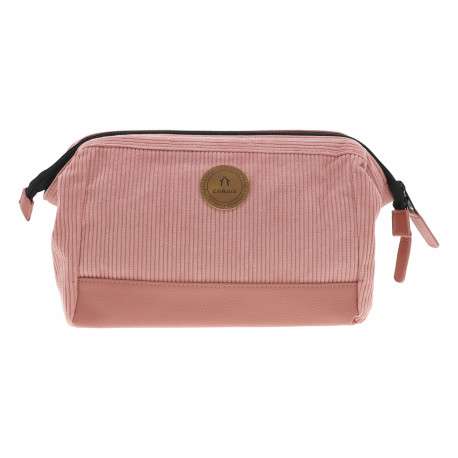 Grande trousse de toilette rose côtelée avec le nom de la marque