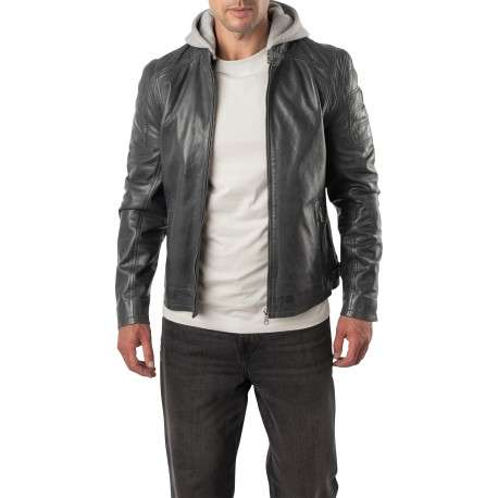 Blouson en cuir de mouton bleu denim à coupe droite muni d'une capuche