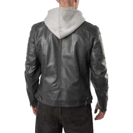 Blouson en cuir de mouton bleu denim à coupe droite muni d'une capuche - Image 2