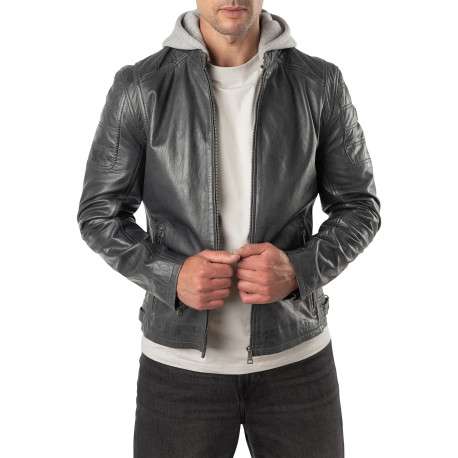 Blouson en cuir de mouton bleu denim à coupe droite muni d'une capuche - Image 3