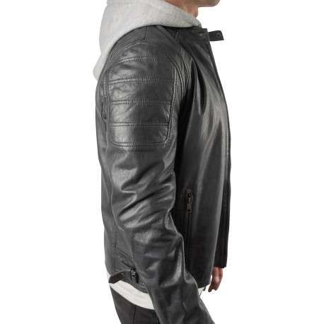 Blouson en cuir de mouton bleu denim à coupe droite muni d'une capuche - Image 4